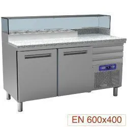 Table pizza 2 portes avec vitrine et 3 tiroirs neutres DIAMOND MR-PIZZA/R2_PROMO